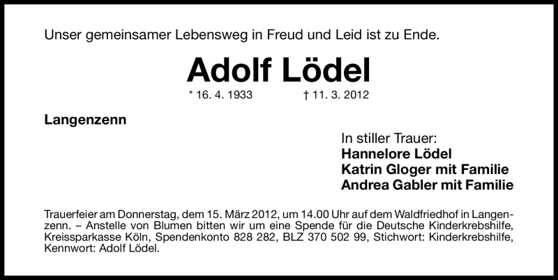  Traueranzeige für Adolf Lödel vom 13.03.2012 aus Fürther Nachrichten Lokal