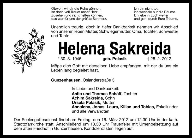  Traueranzeige für Helena Sakreida vom 14.03.2012 aus Altmühl-Bote Lokal