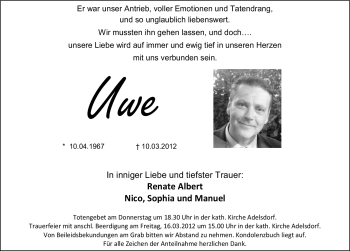 Traueranzeige von Uwe Albert von Erlanger Nachrichten Lokal