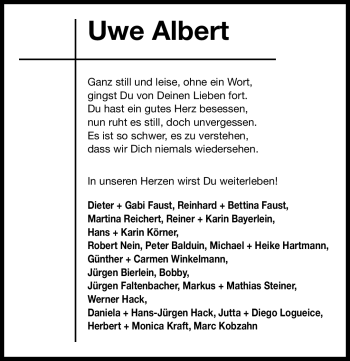 Traueranzeige von Uwe Albert von Erlanger Nachrichten Lokal