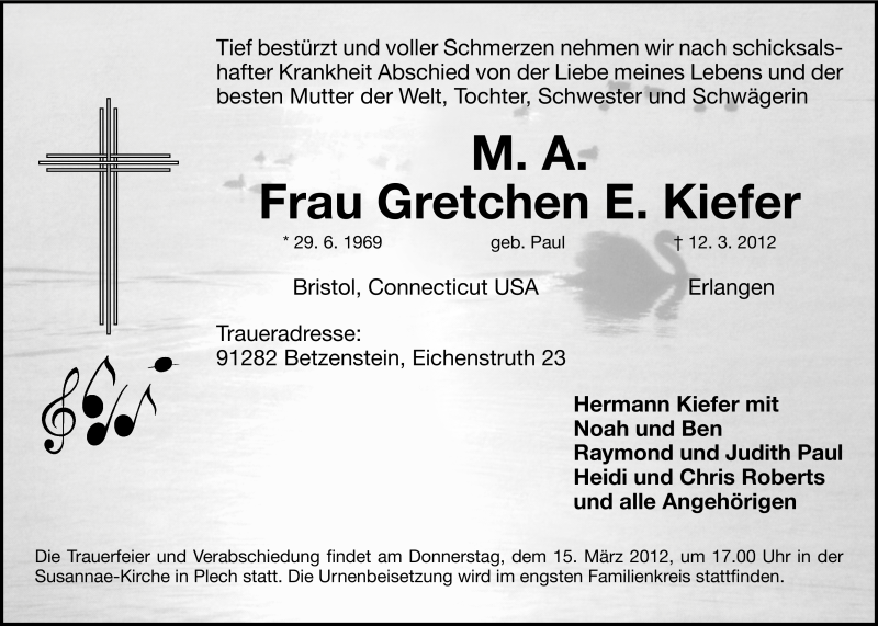  Traueranzeige für Gretchen Kiefer vom 14.03.2012 aus Nordbayerische Nachrichten Pegnitz Lokal