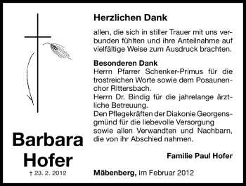 Traueranzeige von Katharina Barbara Hofer von Roth-Hilpoltsteiner Volkszeitung Lokal