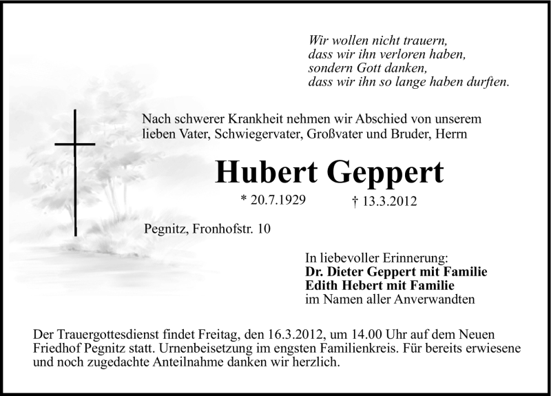  Traueranzeige für Hubert Geppert vom 15.03.2012 aus Nordbayerische Nachrichten Pegnitz Lokal