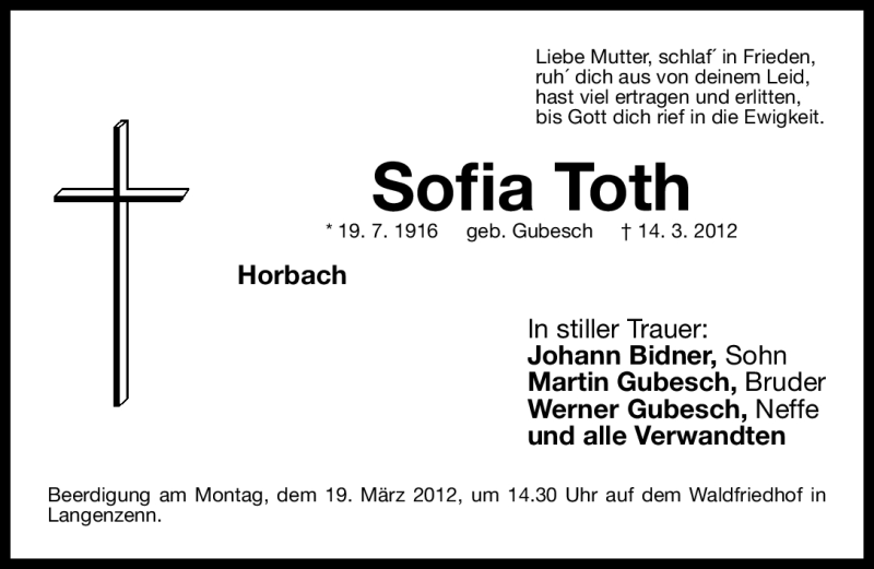  Traueranzeige für Sofia Toth vom 16.03.2012 aus Fürther Nachrichten Lokal