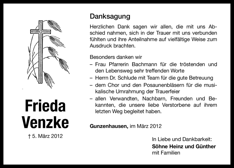 Traueranzeige für Frieda Venzke vom 17.03.2012 aus Altmühl-Bote Lokal