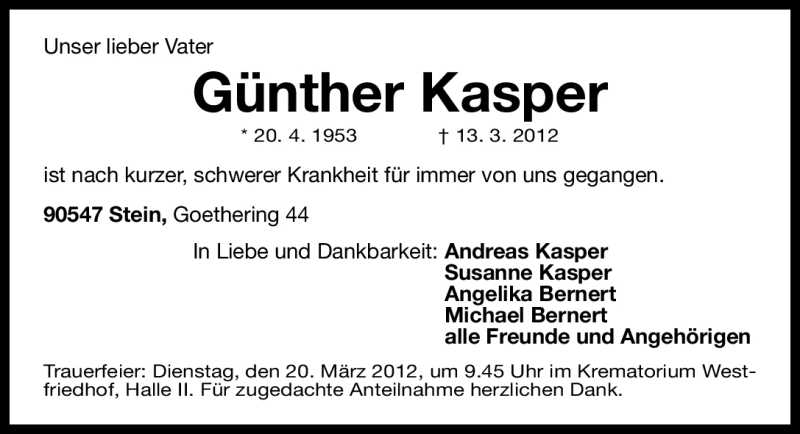  Traueranzeige für Günther Kasper vom 17.03.2012 aus Gesamtausgabe Nürnberger Nachrichten/Nürnberger Ztg.