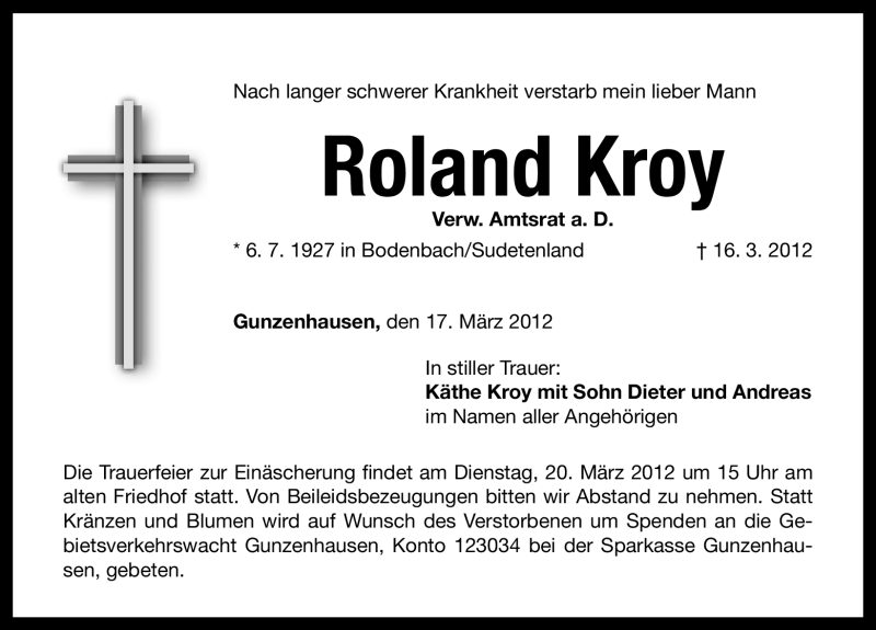  Traueranzeige für Roland Kroy vom 17.03.2012 aus Altmühl-Bote Lokal