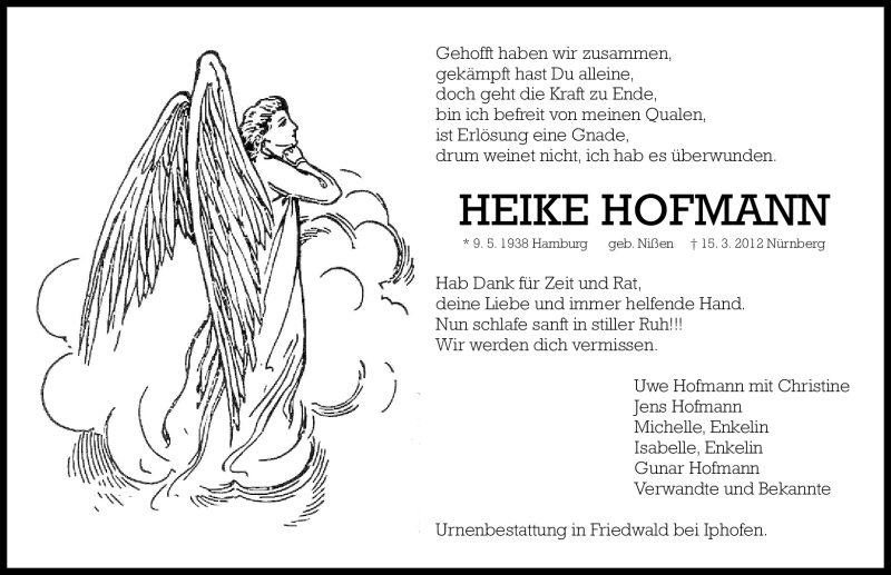  Traueranzeige für Heike Hofmann vom 17.03.2012 aus Roth-Hilpoltsteiner Volkszeitung Lokal