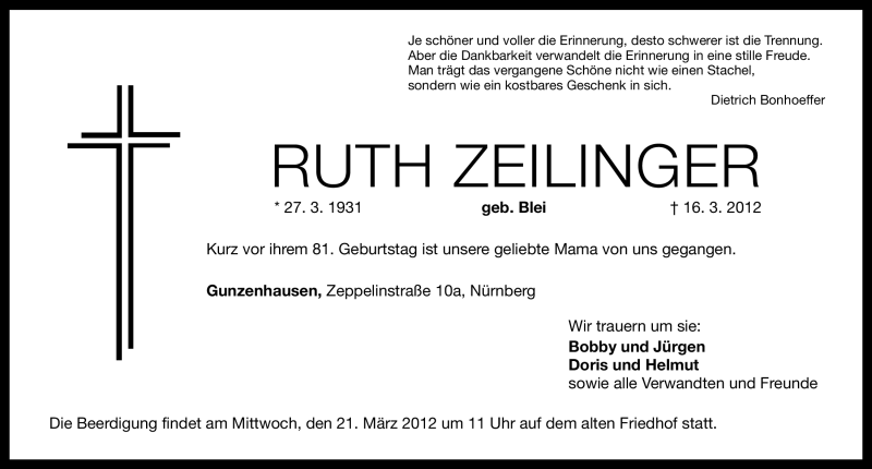  Traueranzeige für Ruth Zeilinger vom 19.03.2012 aus Altmühl-Bote Lokal