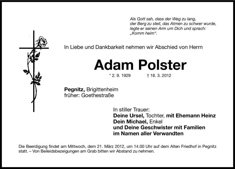  Traueranzeige für Adam Polster vom 20.03.2012 aus Nordbayerische Nachrichten Pegnitz Lokal