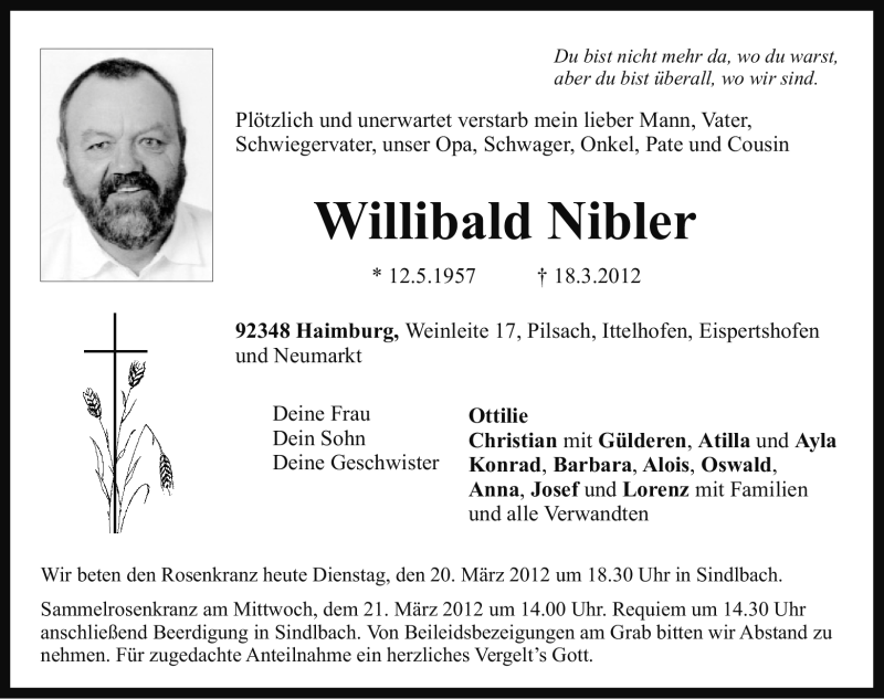  Traueranzeige für Willibald Nibler vom 20.03.2012 aus Neumarkter Nachrichten Lokal