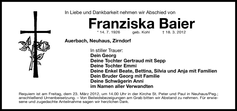  Traueranzeige für Franziska Baier vom 21.03.2012 aus Nordbayerische Nachrichten Pegnitz Lokal