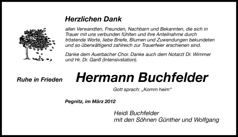  Traueranzeige für Hermann Buchfelder vom 21.03.2012 aus Nordbayerische Nachrichten Pegnitz Lokal
