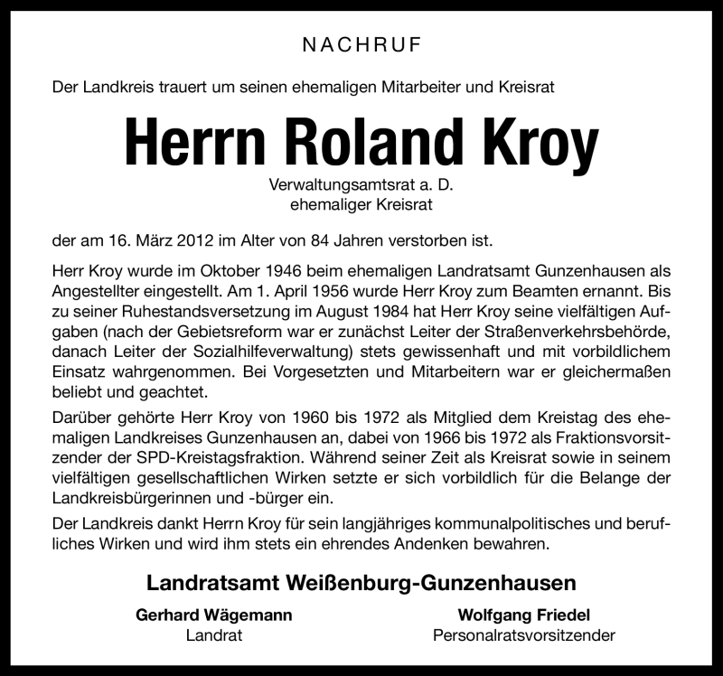  Traueranzeige für Roland Kroy vom 21.03.2012 aus Altmühl-Bote Lokal