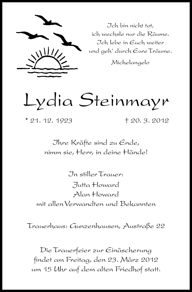  Traueranzeige für Lydia Steinmayr vom 21.03.2012 aus Altmühl-Bote Lokal