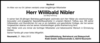 Traueranzeige von Willibald Nibler von Neumarkter Nachrichten Lokal
