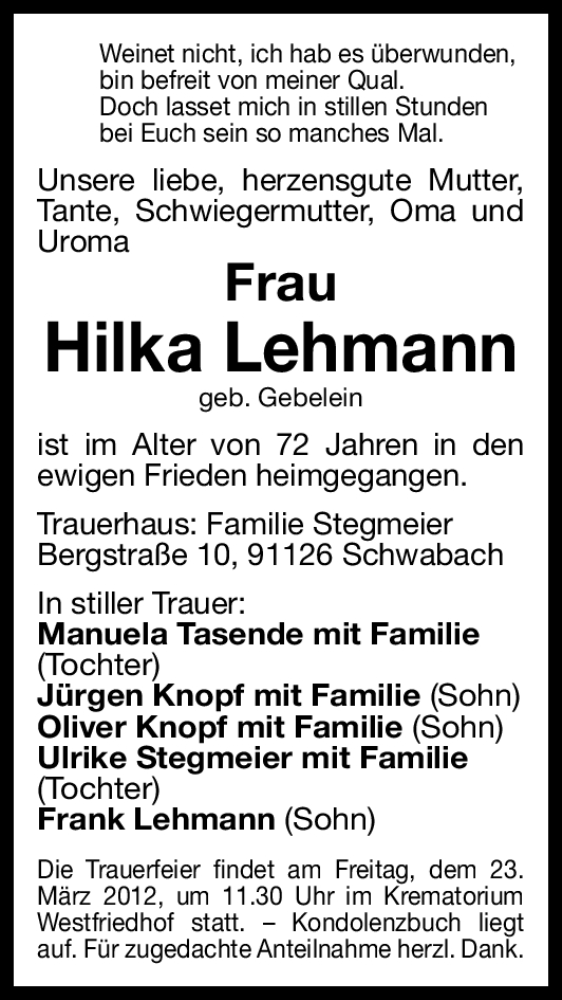  Traueranzeige für Hilka Lehmann vom 22.03.2012 aus Gesamtausgabe Nürnberger Nachrichten/Nürnberger Ztg.