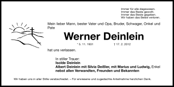 Traueranzeige von Werner Deinlein von Gesamtausgabe Nürnberger Nachrichten/Nürnberger Ztg.