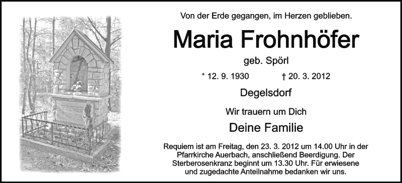 Traueranzeige für Maria Frohnhöfer vom 22.03.2012 aus Nordbayerische Nachrichten Pegnitz Lokal