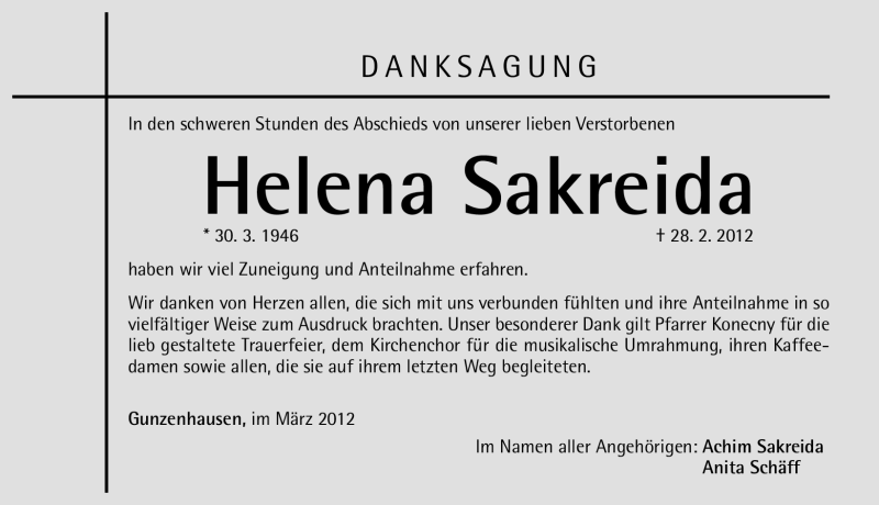  Traueranzeige für Helena Sakreida vom 23.03.2012 aus Altmühl-Bote Lokal