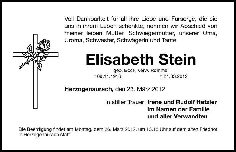  Traueranzeige für Elisabeth Stein vom 23.03.2012 aus Nordbayerische Nachrichten Herzogenaurach Lokal