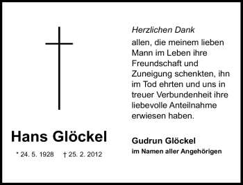 Traueranzeige von Hans Glöckel von Gesamtausgabe Nürnberger Nachrichten/Nürnberger Ztg.