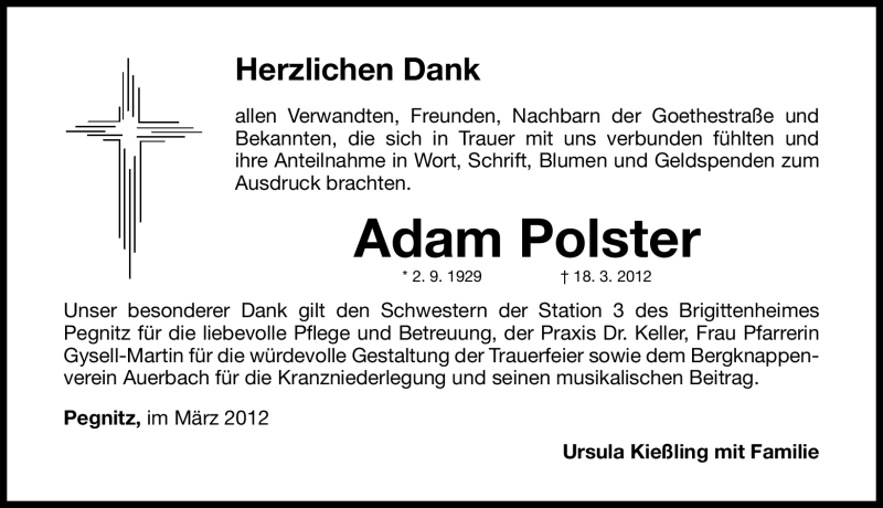  Traueranzeige für Adam Polster vom 24.03.2012 aus Nordbayerische Nachrichten Pegnitz Lokal