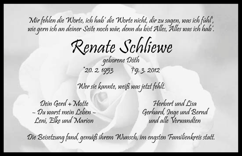  Traueranzeige für Renate Schliewe vom 24.03.2012 aus Nordbayerische Nachrichten Pegnitz Lokal