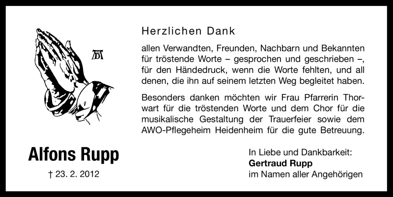  Traueranzeige für Alfons Rupp vom 24.03.2012 aus Altmühl-Bote Lokal