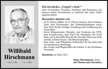 Traueranzeige von Willibald Hirschmann von Neumarkter Nachrichten Lokal
