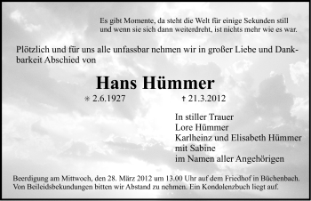 Traueranzeige von Hans Hümmer von Erlanger Nachrichten Lokal