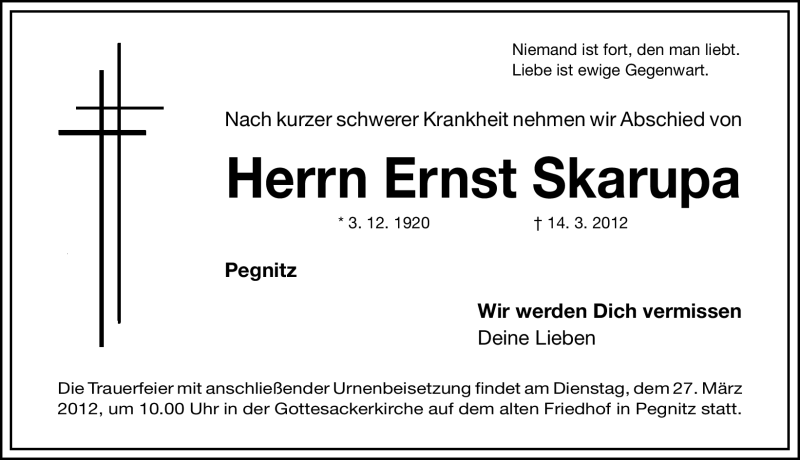  Traueranzeige für Ernst Skaruba vom 24.03.2012 aus Nordbayerische Nachrichten Pegnitz Lokal