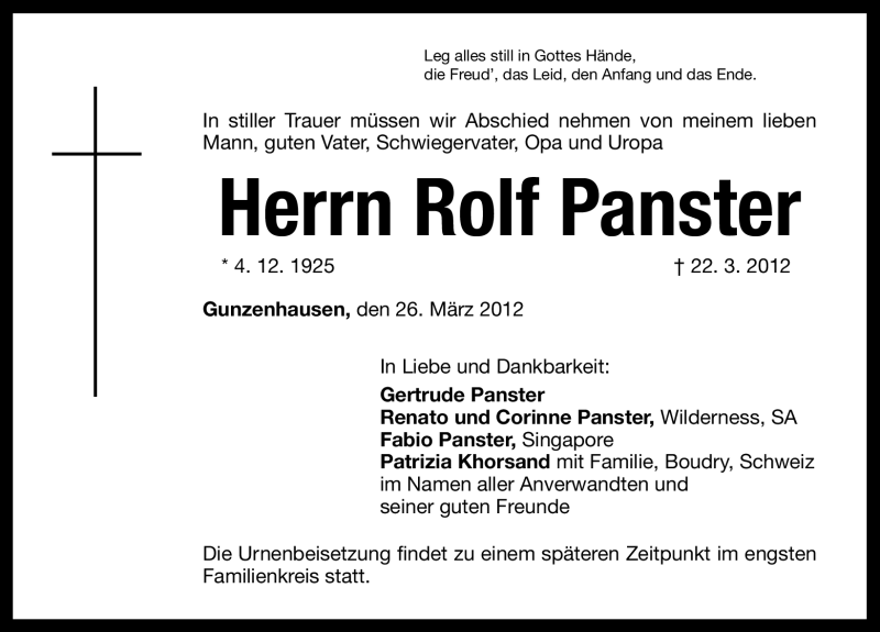  Traueranzeige für Rolf Panster vom 26.03.2012 aus Altmühl-Bote Lokal