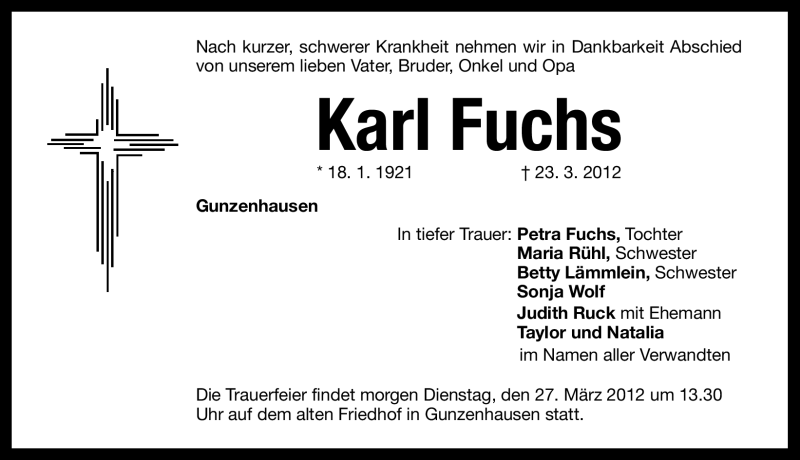  Traueranzeige für Karl Fuchs vom 26.03.2012 aus Altmühl-Bote Lokal