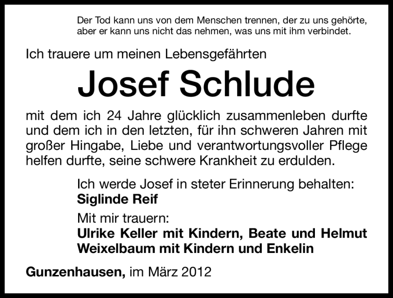  Traueranzeige für Josef Schlude vom 27.03.2012 aus Altmühl-Bote Lokal