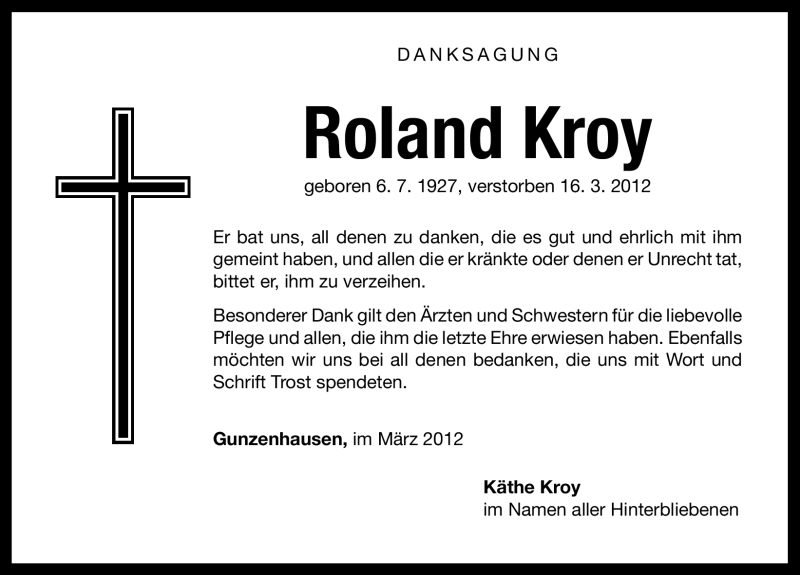  Traueranzeige für Roland Kroy vom 28.03.2012 aus Altmühl-Bote Lokal