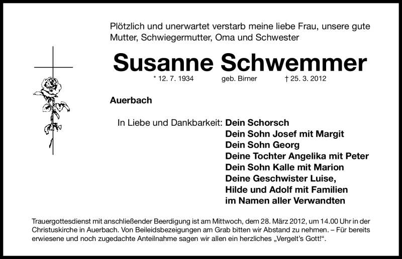  Traueranzeige für Susanne Schwemmer vom 27.03.2012 aus Nordbayerische Nachrichten Pegnitz Lokal