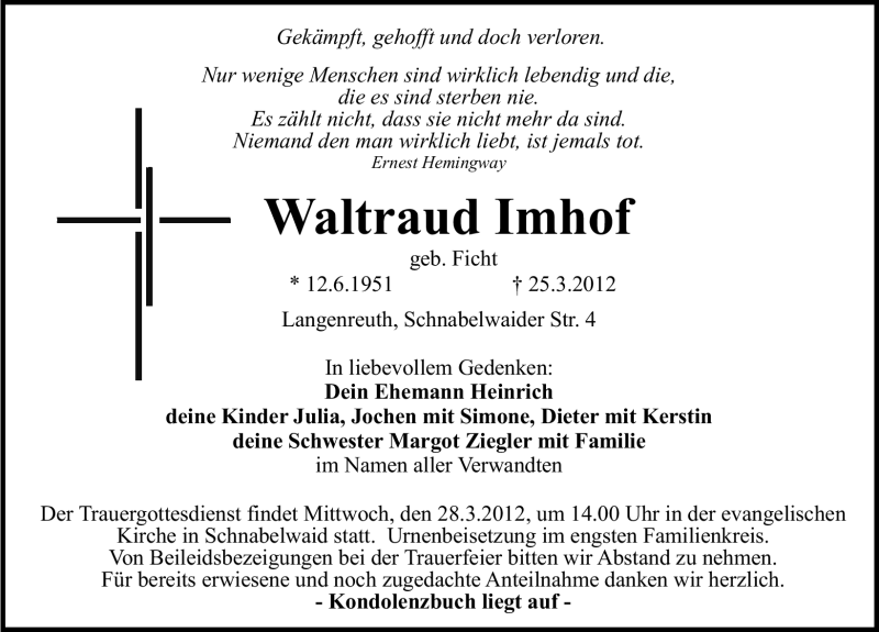  Traueranzeige für Waltraud Imhof vom 27.03.2012 aus Nordbayerische Nachrichten Pegnitz Lokal