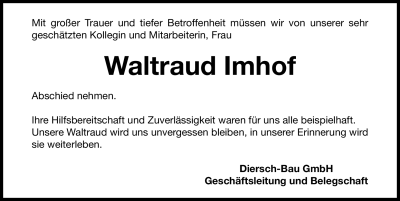  Traueranzeige für Waltraud Imhof vom 28.03.2012 aus Nordbayerische Nachrichten Pegnitz Lokal