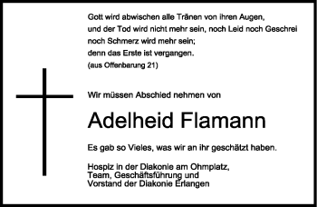 Traueranzeige von Adelheid Flamann von Erlanger Nachrichten Lokal