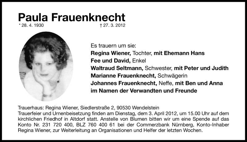  Traueranzeige für Paula Frauenknecht vom 31.03.2012 aus Gesamtausgabe Nürnberger Nachrichten/Nürnberger Ztg.