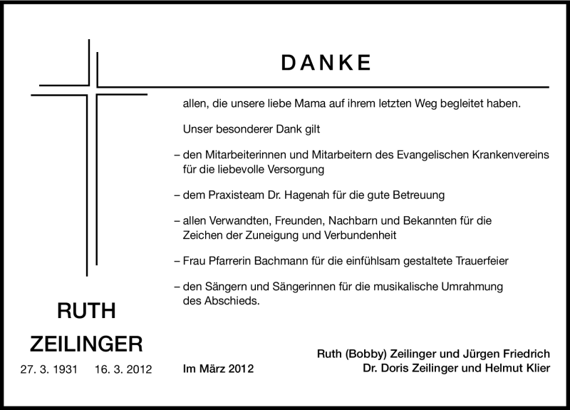  Traueranzeige für Ruth Zeilinger vom 31.03.2012 aus Altmühl-Bote Lokal