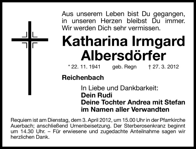  Traueranzeige für Katharina Irmgard Albersdörfer vom 31.03.2012 aus Nordbayerische Nachrichten Pegnitz Lokal