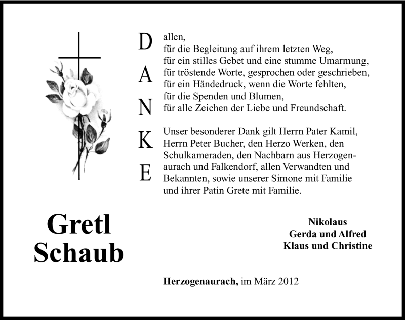  Traueranzeige für Gretl Schaub vom 31.03.2012 aus Nordbayerische Nachrichten Herzogenaurach Lokal
