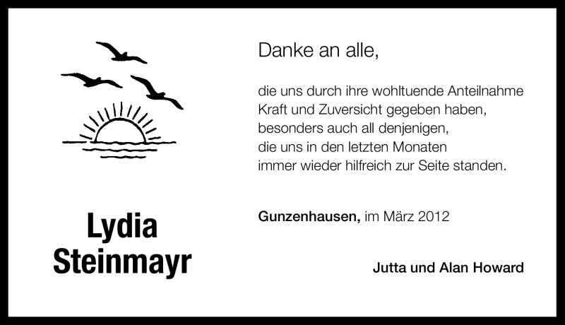  Traueranzeige für Lydia Steinmayr vom 30.03.2012 aus Altmühl-Bote Lokal