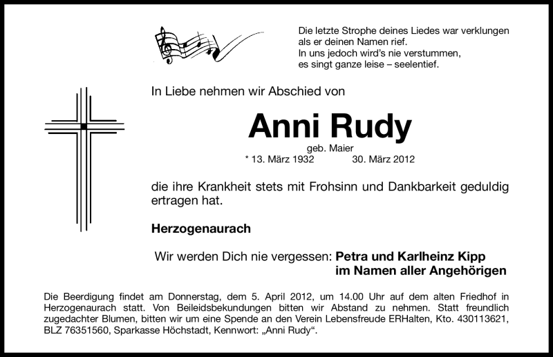  Traueranzeige für Anni Rudy vom 31.03.2012 aus Nordbayerische Nachrichten Herzogenaurach Lokal