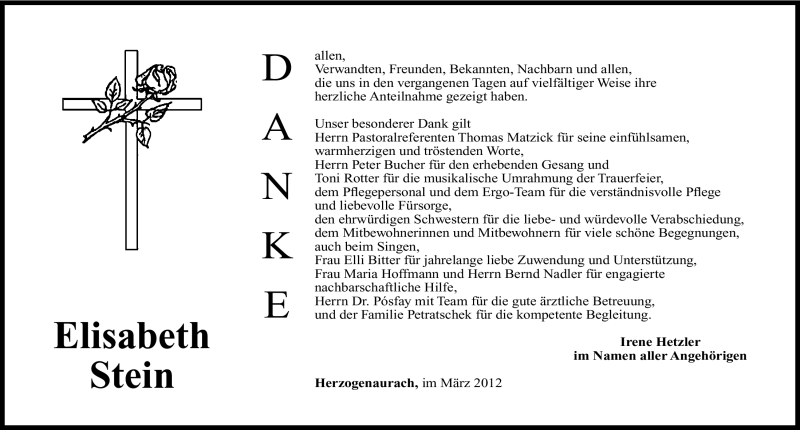  Traueranzeige für Elisabeth Stein vom 31.03.2012 aus Nordbayerische Nachrichten Herzogenaurach Lokal