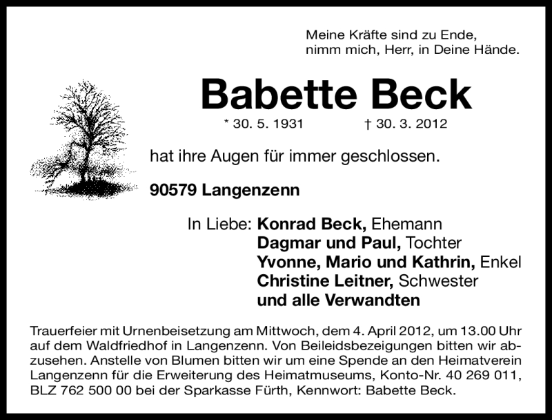  Traueranzeige für Babette Beck vom 02.04.2012 aus Fürther Nachrichten Lokal