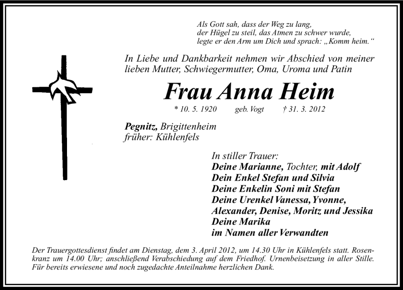  Traueranzeige für Anna Heim vom 02.04.2012 aus Nordbayerische Nachrichten Pegnitz Lokal
