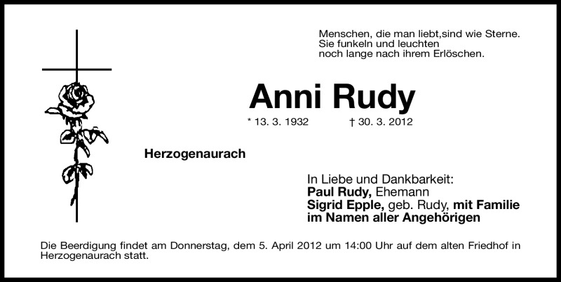  Traueranzeige für Anni Rudy vom 03.04.2012 aus Nordbayerische Nachrichten Herzogenaurach Lokal